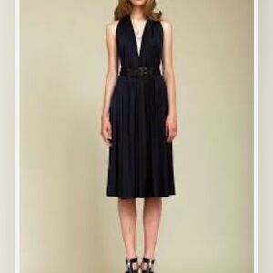 Doo.Ri NY Women’s Black Sleeveless Plunging V~Neck Leather Belt MIDI Dress Sz 10